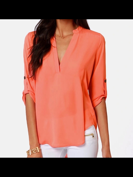 Lush Tops - Lush Coral Split-Neck Roll-Sleeve Blouse Size Medium